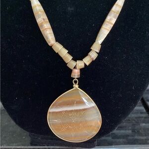 Vtg Mexican Aztec Etched Handcrafted Beaded Necklace with Pendant